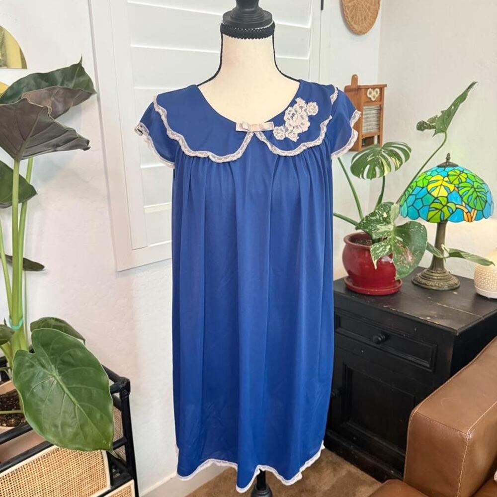 Vintage 70s Royal Blue Lace Trim Nightgown Babydoll Prairie Coquette Dress